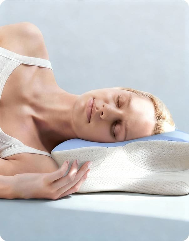 Woman lying on her back with her head cradled by the Ergo Pillow