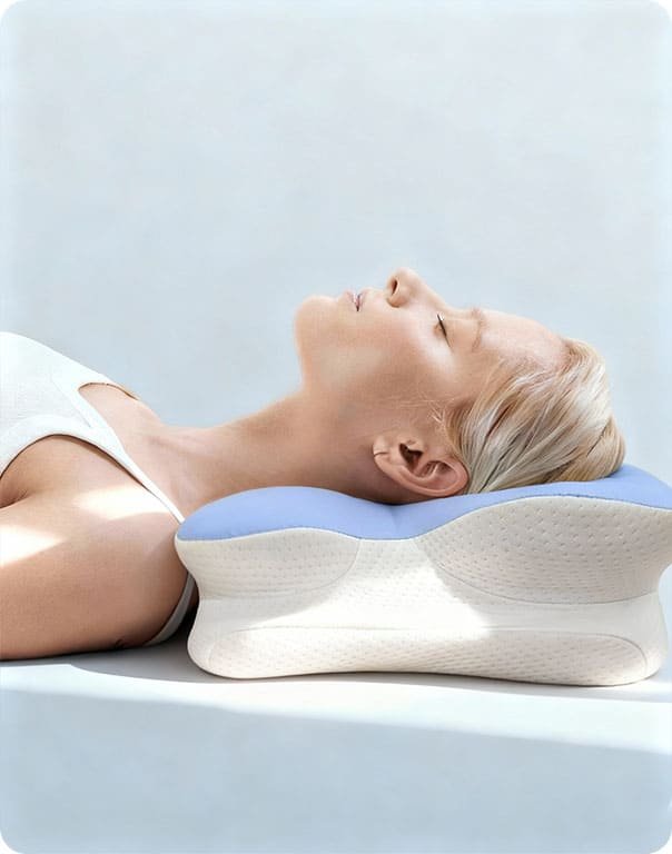 Side profile of a woman resting on her back on the contoured pillow