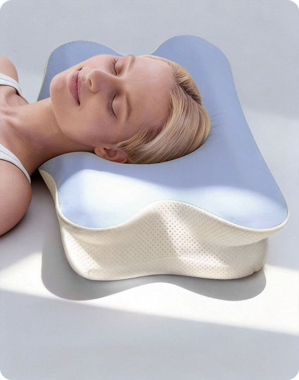 The contoured Ergo Pillow on a bed, showing its butterfly-style shape