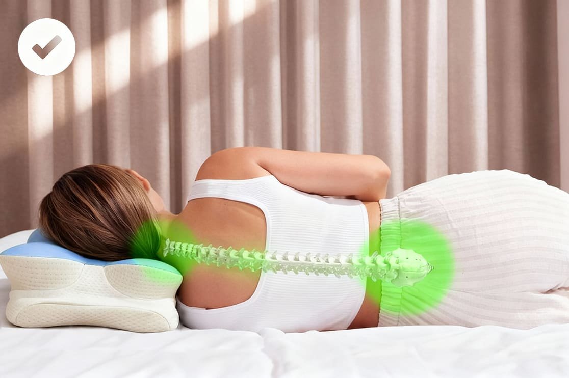 Side sleeper on the contoured Ergo Pillow with the spine in a straight line