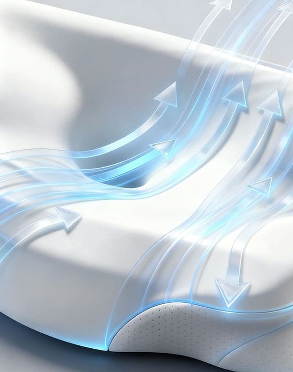 Airflow arrows moving across the contoured surface of the Ergo Pillow